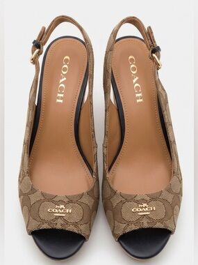 Coach Signature Jacquard & Cork Slingback Wedge Sandals - Size 8B